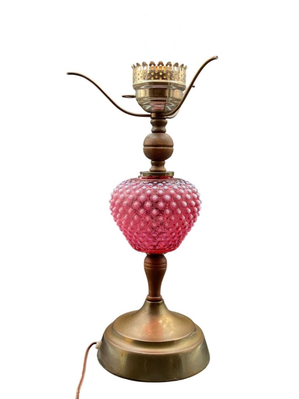 Vintage Fenton Cranberry Opalescent Hobnail Glass & Brass Table Lamp 17"H
